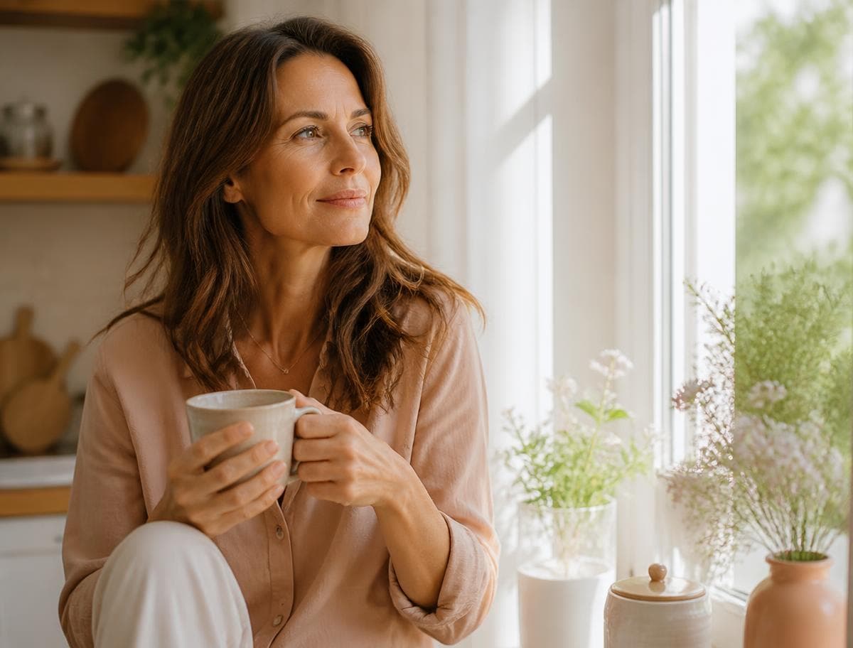 A woman resting with a cup of tea by a sunlit kitchen window