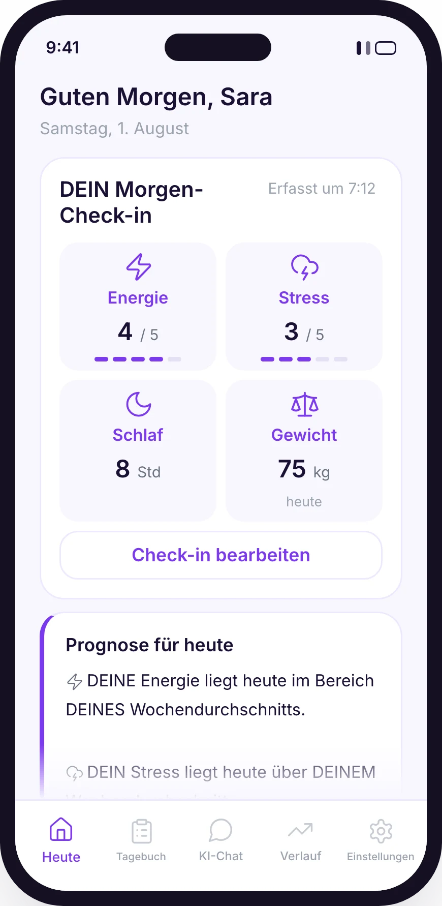 The GetWella morning check-in screen