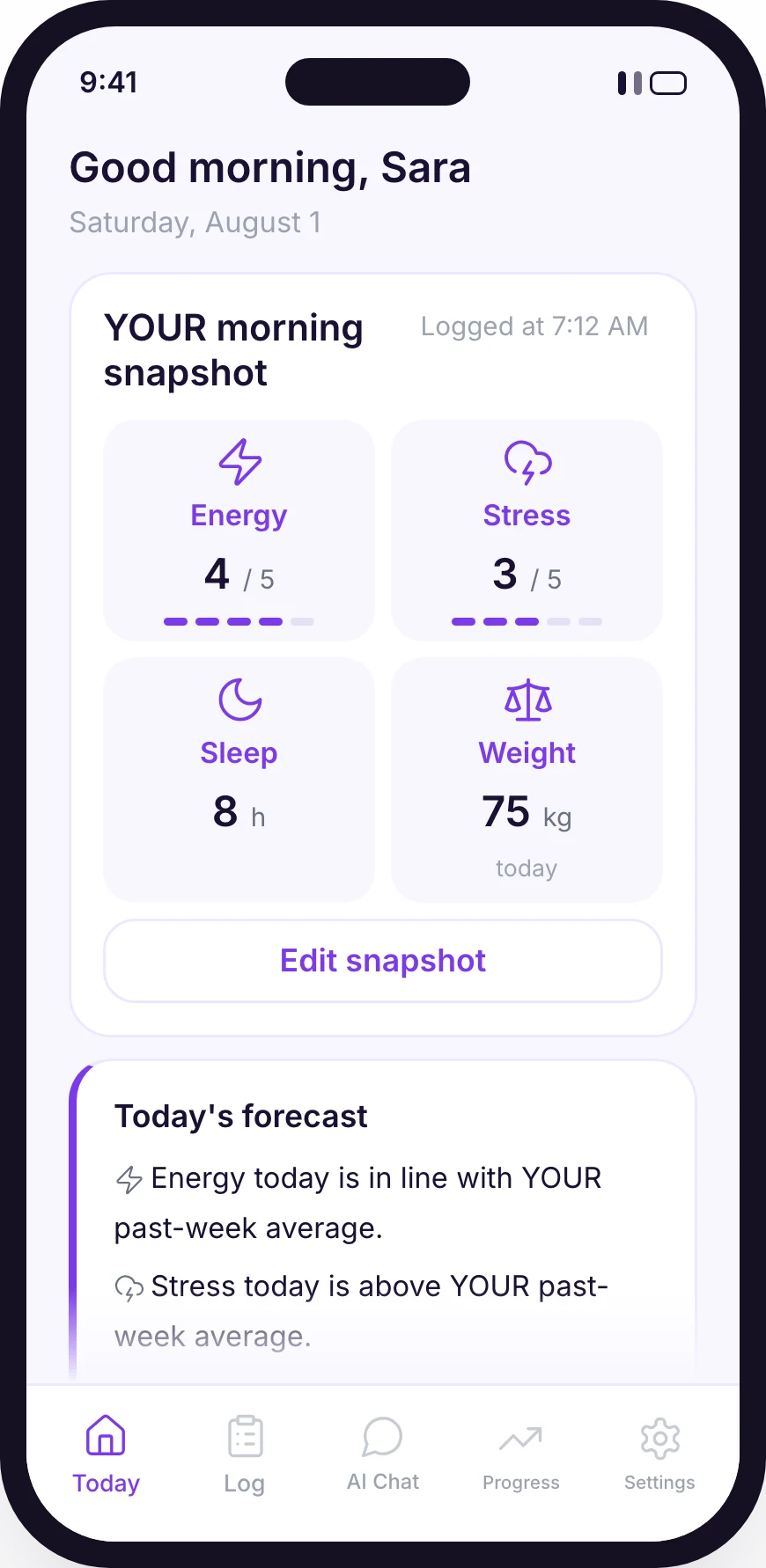 The GetWella morning check-in screen